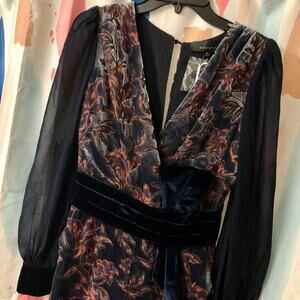 Adelyn Rae Blue Floral Velvet Faux Wrap Long Sleeve Wide Leg Jumpsuit Size XS